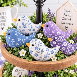 Pode incluir: Quatro figuras de pássaros de tecido com padrões florais azuis e roxos, bicos amarelos e olhos de contas pretas, dispostas numa bandeja de níveis com folhagem verde e uma placa de madeira com a inscrição Good Birds Spread Kindness e um coração.