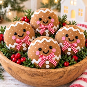 May include: Four round, brown fabric ornaments shaped like gingerbread people, each featuring a smiling face, pink cheeks, white icing trim, a red and white checkered bow, and two small white buttons, nestled in a wooden bowl with greenery.