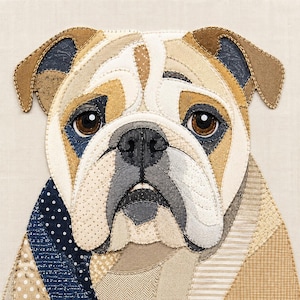 Puede incluir: Una pieza de arte mural de apliques de tela que representa la cara de un bulldog. El perro está construido con varias telas texturizadas en tonos crema, bronceado, marrón y azul marino, con detalles cosidos, ojos marrones y nariz negra.