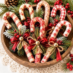 May include: Five fabric candy cane ornaments in a wooden bowl, each decorated with a red satin bow, a small gold jingle bell, and artificial pine sprigs with red berries. The candy canes feature various red and white patterns, including plaid and floral.