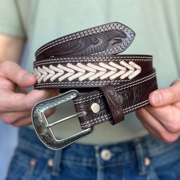 Men's Western Leather Belt Full Grain Genuine Embossed Leather with Cowboy Buckle Handmade Rodeo Belt Strap 1.5" Belt With Buckle Snap-On