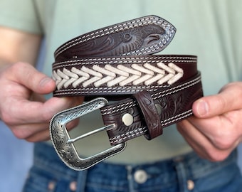 Men's Western Leather Belt Full Grain Genuine Embossed Leather with Cowboy Buckle Handmade Rodeo Belt Strap 1.5" Belt With Buckle Snap-On