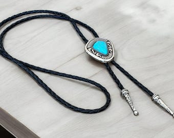 Men's Western Bolo Tie Black Stone Leather Cord Woven Western Father's Day Gift Accessory for Wedding Necklace for Men Rodeo Cowboy Necktie