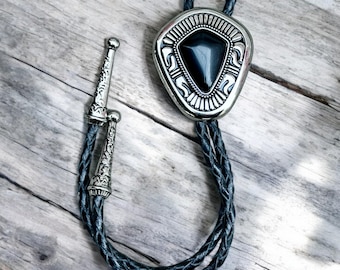 Western Bolo Tie Black Stone Leather Cord Woven Western Accessory for Men Wedding Necklace for Men Rodeo Cowboy Necktie Father&#39;s Day Gift