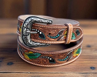 Cowboy Full Grain Genuine Leather Belt Tooled Embossed Men's Cowboy Belt Buckle Handmade Belt Strap 1.5" Rodeo Snap-On Belt With Buckle