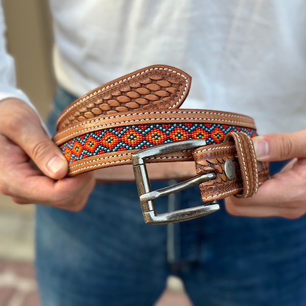 Men's Western Full Grain Genuine Leather Belt Embossed Rodeo Belt with Cowboy Buckle Handmade Belt Strap 1 1/2" Snap-On Belt With Buckle