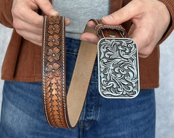 Men's Western Full Grain Genuine Leather Belt 1 1/2" with Cowboy Buckle Snap-On Tooled Belt Handmade Embossed Leather Belt Rodeo With Buckle