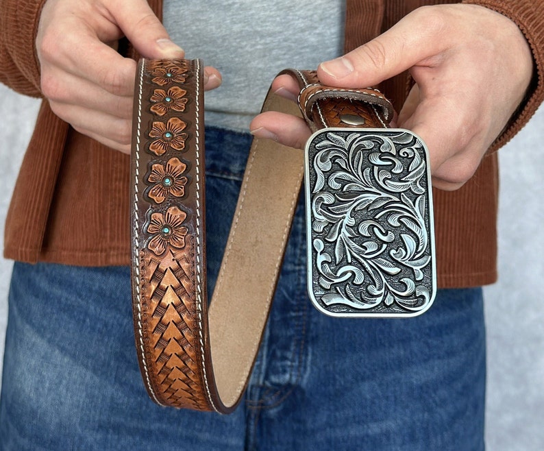 Men's Western Full Grain Genuine Leather Belt 1 1/2 with Cowboy Buckle Snap-On Tooled Belt Handmade Embossed Leather Belt Rodeo With Buckle image 1