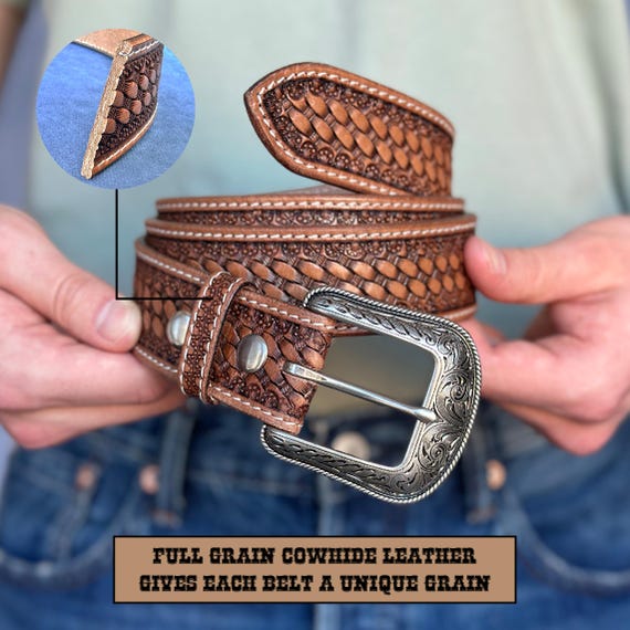 Men's Western Full Grain Genuine Leather Belt Embossed With Cowboy