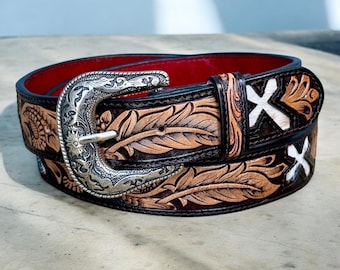 Men's Western Full Grain Genuine Leather Belt Tooled Embossed Men's Cowboy Belt Buckle Handmade Belt Strap 1.5" Rodeo Belt With Buckle