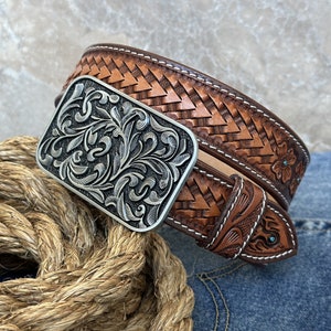 Men's Western Full Grain Genuine Leather Belt 1 1/2 with Cowboy Buckle Snap-On Tooled Belt Handmade Embossed Leather Belt Rodeo With Buckle image 5