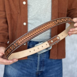 Men's Western Full Grain Genuine Leather Belt Embossed Belt without Buckle Handmade Custom Western Cowboy Belt Strap 1 1/2 Rodeo Snap-On image 7