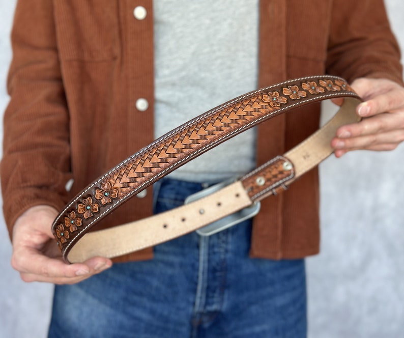 Men's Western Full Grain Genuine Leather Belt Embossed Belt without Buckle Handmade Custom Western Cowboy Belt Strap 1 1/2 Rodeo Snap-On image 7