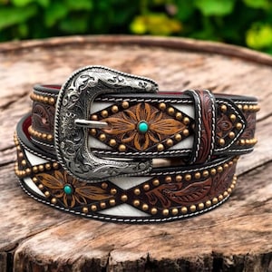 Leather Rock Jeweled Boho Brown Leather Belt with Green Stone and Studs Accents. Leatherock | Accessories | Leather Rock Jeweled Boho Brown  main image 2