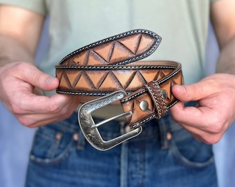 Men's Western Leather Belt Full Grain Genuine Leather Embossed Belt with Cowboy Buckle Handmade Belt Strap 1.5" Thick Snap-On Belt Buckle