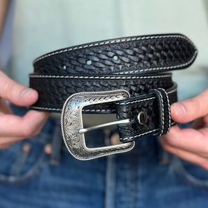 Men's Western Full Grain Genuine Leather Belt with Buckle Embossed Handmade Leather Belt Strap 1.5 Rodeo Snap-On Belt With Cowboy Buckle image 3