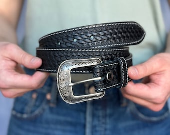 Men's Western Full Grain Genuine Leather Belt with Buckle Embossed Handmade Leather Belt Strap 1.5" Rodeo Snap-On Belt With Cowboy Buckle