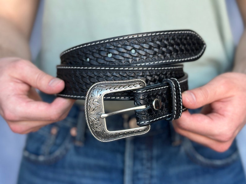 Men's Western Full Grain Genuine Leather Belt with Buckle Embossed Handmade Leather Belt Strap 1.5 Rodeo Snap-On Belt With Cowboy Buckle image 3