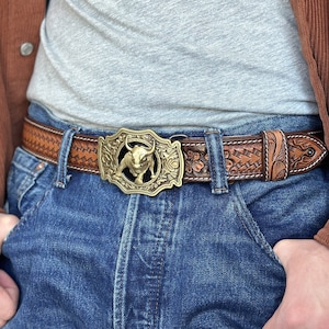 Western Full Grain Genuine Leather Men's Belt with Cowboy Buckle Snap-On Handmade Tooled Belt Embossed Leather Belt 1 1/2 Rodeo With Buckle image 2