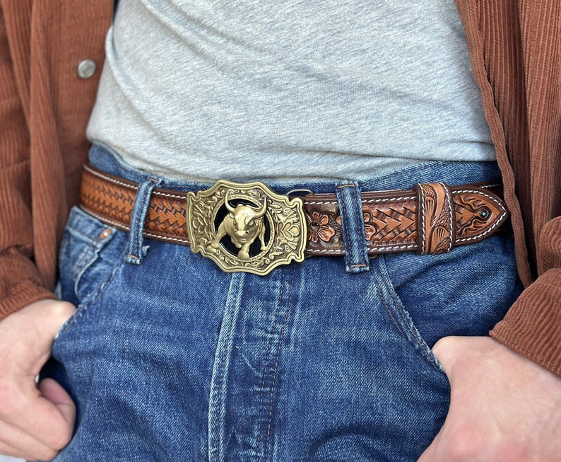 Western Full Grain Genuine Leather Men's Belt with Cowboy Buckle Snap-On Handmade Tooled Belt Embossed Leather Belt 1 1/2 Rodeo With Buckle image 2
