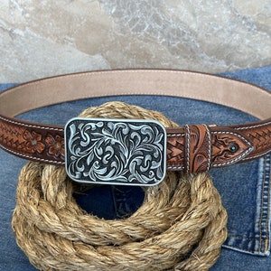 Men's Western Full Grain Genuine Leather Belt 1 1/2 with Cowboy Buckle Snap-On Tooled Belt Handmade Embossed Leather Belt Rodeo With Buckle image 2