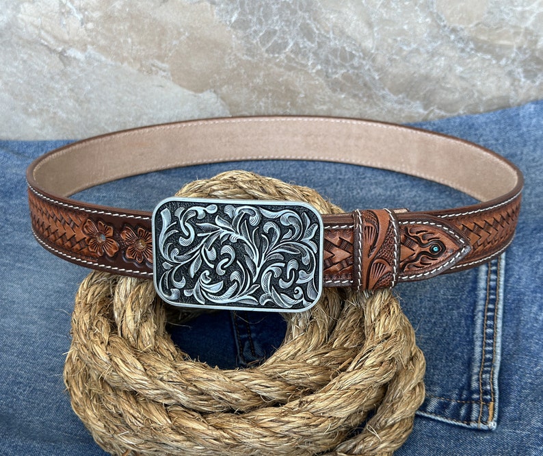 Men's Western Full Grain Genuine Leather Belt 1 1/2 with Cowboy Buckle Snap-On Tooled Belt Handmade Embossed Leather Belt Rodeo With Buckle image 2