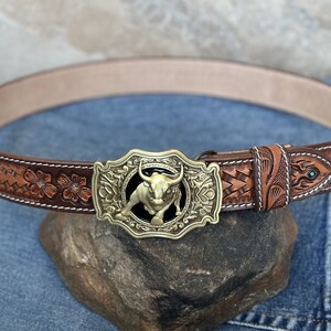 Western Full Grain Genuine Leather Men's Belt with Cowboy Buckle Snap-On Handmade Tooled Belt Embossed Leather Belt 1 1/2 Rodeo With Buckle No Personalization