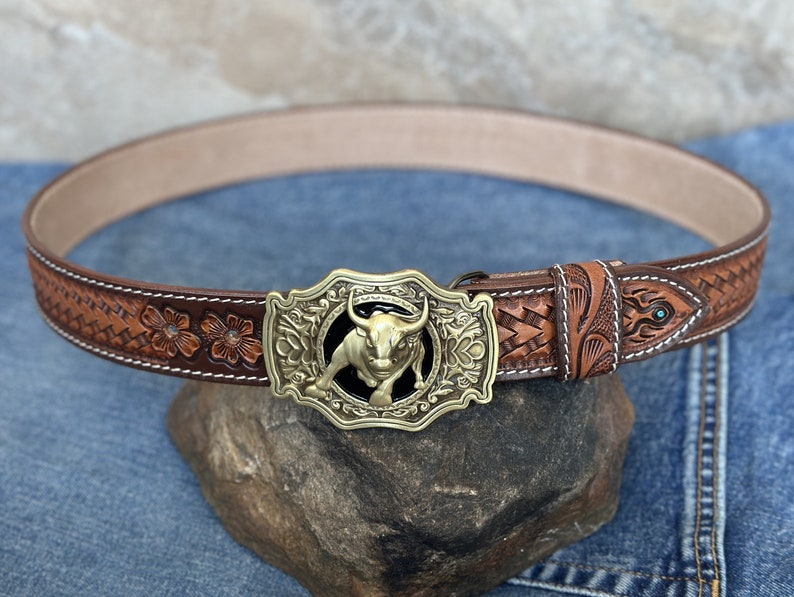 Western Full Grain Genuine Leather Men's Belt with Cowboy Buckle Snap-On Handmade Tooled Belt Embossed Leather Belt 1 1/2 Rodeo With Buckle No Personalization