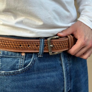 Men's Western Full Grain Genuine Leather Belt Embossed Rodeo Belt with Cowboy Buckle Handmade Belt Strap 1 1/2 Snap-On Belt With Buckle image 9