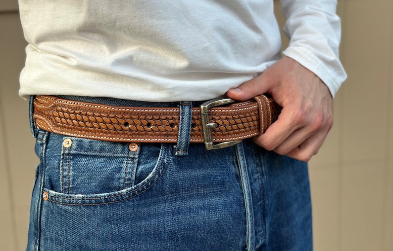 Men's Western Full Grain Genuine Leather Belt Embossed Rodeo Belt with Cowboy Buckle Handmade Belt Strap 1 1/2 Snap-On Belt With Buckle image 9