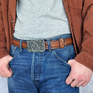 Men's Western Full Grain Genuine Leather Belt 1 1/2 with Cowboy Buckle Snap-On Tooled Belt Handmade Embossed Leather Belt Rodeo With Buckle image 3