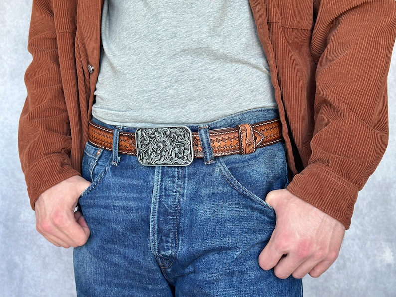 Men's Western Full Grain Genuine Leather Belt 1 1/2 with Cowboy Buckle Snap-On Tooled Belt Handmade Embossed Leather Belt Rodeo With Buckle image 3
