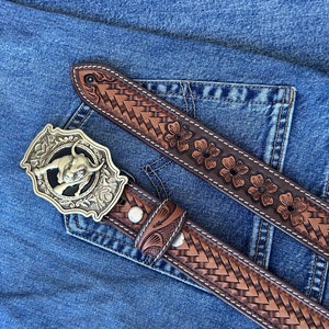 Western Full Grain Genuine Leather Men's Belt with Cowboy Buckle Snap-On Handmade Tooled Belt Embossed Leather Belt 1 1/2 Rodeo With Buckle image 5