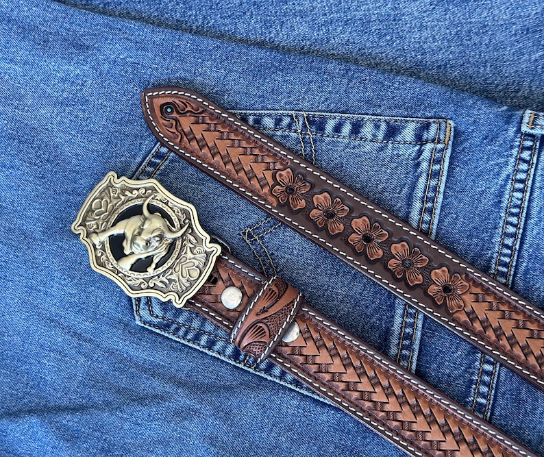 Western Full Grain Genuine Leather Men's Belt with Cowboy Buckle Snap-On Handmade Tooled Belt Embossed Leather Belt 1 1/2 Rodeo With Buckle image 5