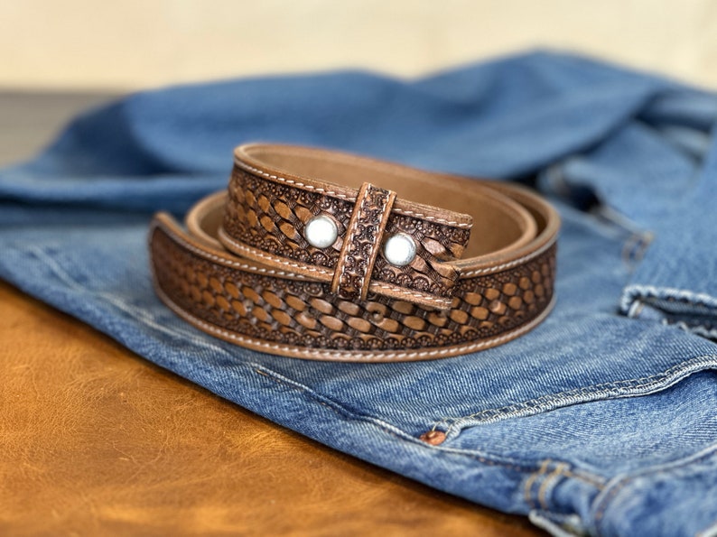 Men's Western Full Grain Genuine Leather Belt Strap Embossed Leather Belt Without Buckle Handmade Belt 1.5 Rodeo SnapOn Belt Without Buckle image 8