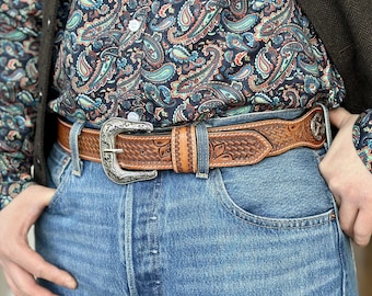 Men's Western Full Grain Genuine Leather Belt Tooled Embossed Men's Cowboy Belt Buckle Handmade Belt Strap 1.5" Rodeo Belt With Buckle