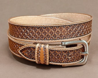 Men&#39;s Western Full Grain Genuine Leather Belt Embossed Belt 1.5&quot; Thick with Cowboy Buckle Snap-On Tooled Belt Handmade Metal Belt Buckle