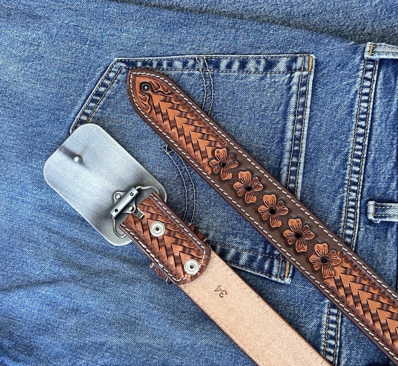 Men's Western Full Grain Genuine Leather Belt 1 1/2 with Cowboy Buckle Snap-On Tooled Belt Handmade Embossed Leather Belt Rodeo With Buckle No Personalization