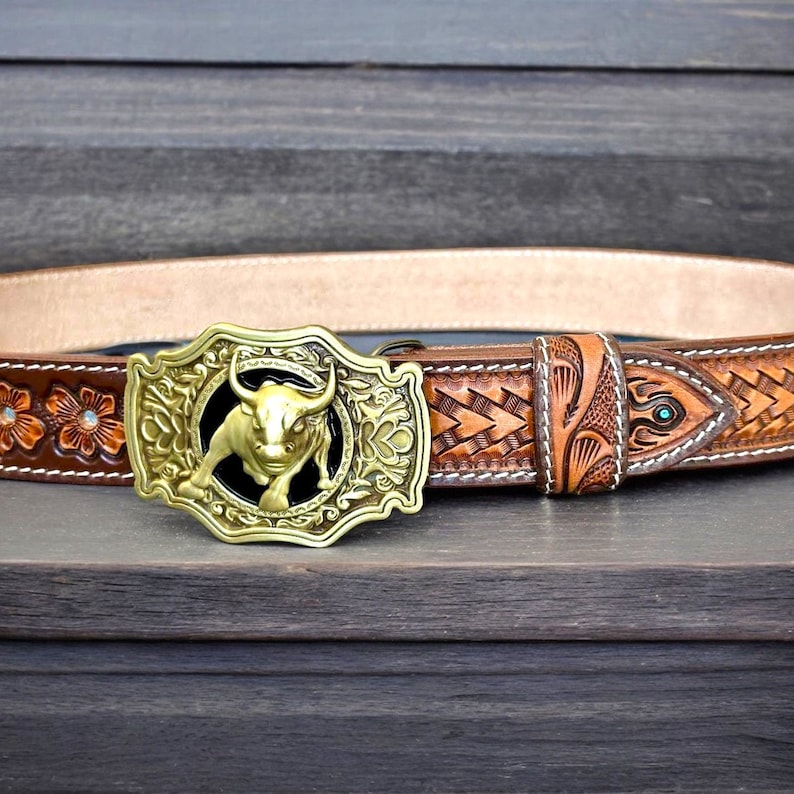 Western Full Grain Genuine Leather Men's Belt with Cowboy Buckle Snap-On Handmade Tooled Belt Embossed Leather Belt 1 1/2 Rodeo With Buckle image 9