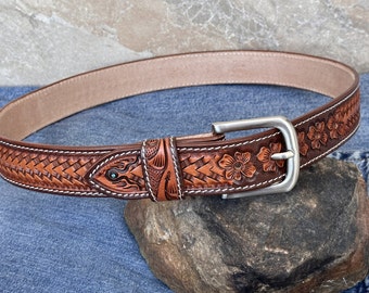 Men's Western Full Grain Genuine Leather Belt Embossed Belt with Cowboy Buckle Handmade Leather Belt 1.5" Thick Snap-On Belt With Buckle