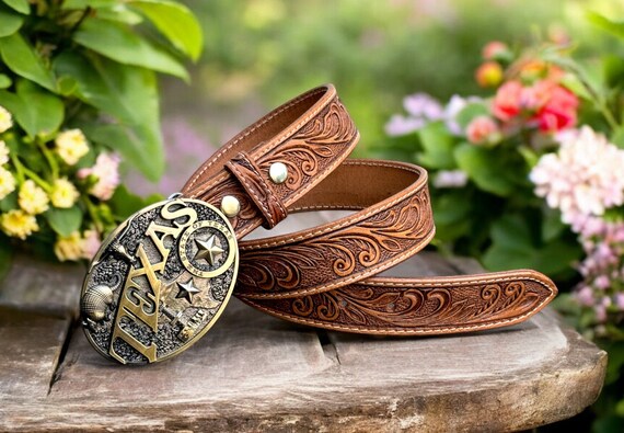 Western Brass Floral Oval Belt Buckle With Leather Steerhide Tooled Belt Size 36 IMG_8314_grande.jpg?v=1703868679 main image 3