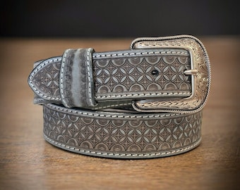 Men's Western Full Grain Genuine Leather Belt Embossed with Cowboy Buckle Snap-On Tooled Belt Handmade 1.5" Leather Belt Rodeo With Buckle