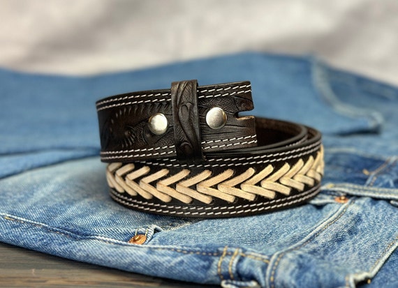 Men's Western Leather Belt Strap Full Grain Genuine Leather Embossed Cowboy Belt No Buckle Handmade Belt 1.5" Snap-On Belt Without Buckle