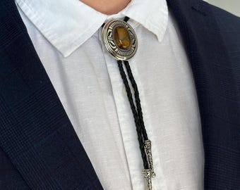 Western Bolo Tie Brown Stone Leather Cord Woven Western Accessory for Men Wedding Necklace for Men Rodeo Cowboy Necktie Father's Day Gift
