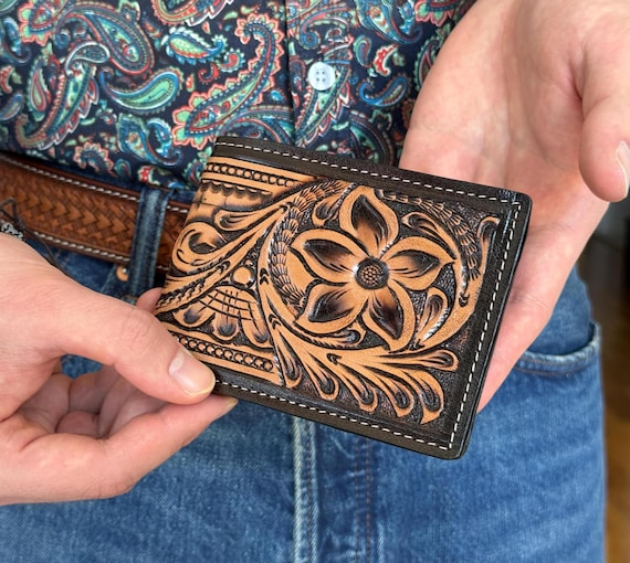Leather Western Wallet Cowboy Accessory Cowhide Leather Handmade Western Wallet Tooled Floral Leather Wallet Bifold Handmade Embossed