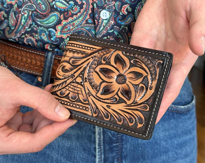 Leather Western Wallet Cowboy Accessory Cowhide Leather Handmade Western Wallet Tooled Floral Leather Wallet Bifold Handmade Embossed