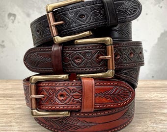 Men's Western Full Grain Leather Belt Tooled Embossed Men's Cowboy Belt Removable Buckle Handmade Belt Strap 1.5" Rodeo Belt With Buckle