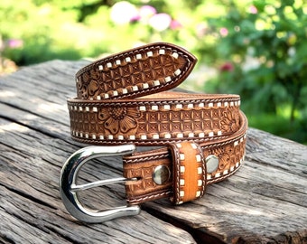 Western Western Full Grain Genuine Leather Belt Floral Handmade Embossed Rodeo Belt with Cowboy Buckle Belt 1 1/2" Snap-On Belt With Buckle