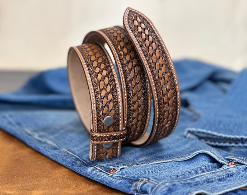 Men's Western Full Grain Genuine Leather Belt Strap Embossed Leather Belt Without Buckle Handmade Belt 1.5 Rodeo SnapOn Belt Without Buckle image 2