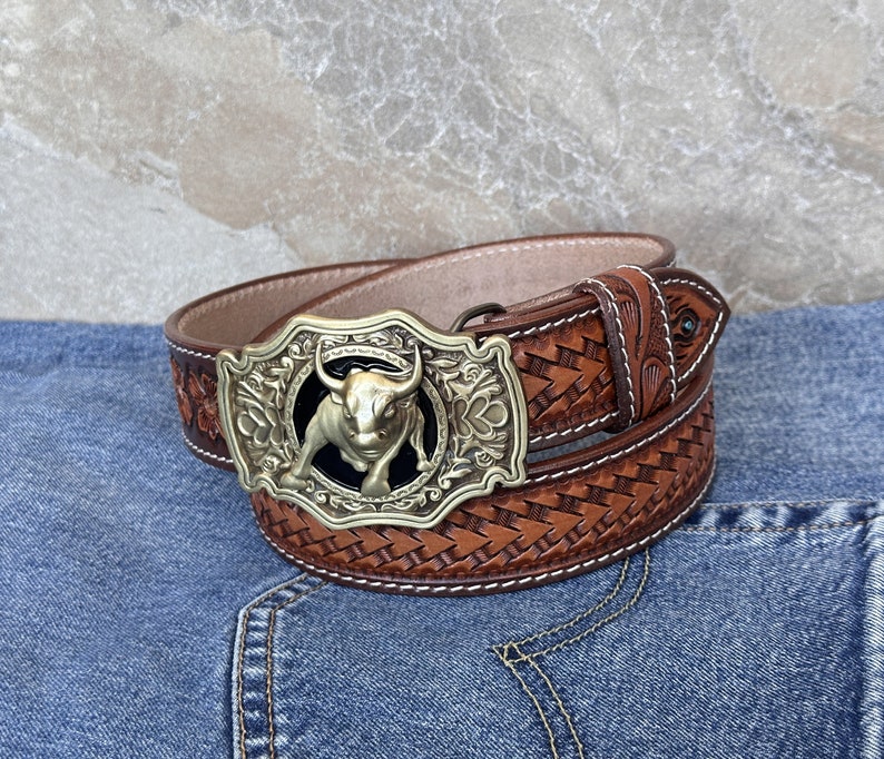 Western Full Grain Genuine Leather Men's Belt with Cowboy Buckle Snap-On Handmade Tooled Belt Embossed Leather Belt 1 1/2 Rodeo With Buckle image 8